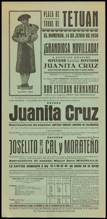 Cartel taurino de la plaza en el que la primera figura es la torera Juanita Cruz