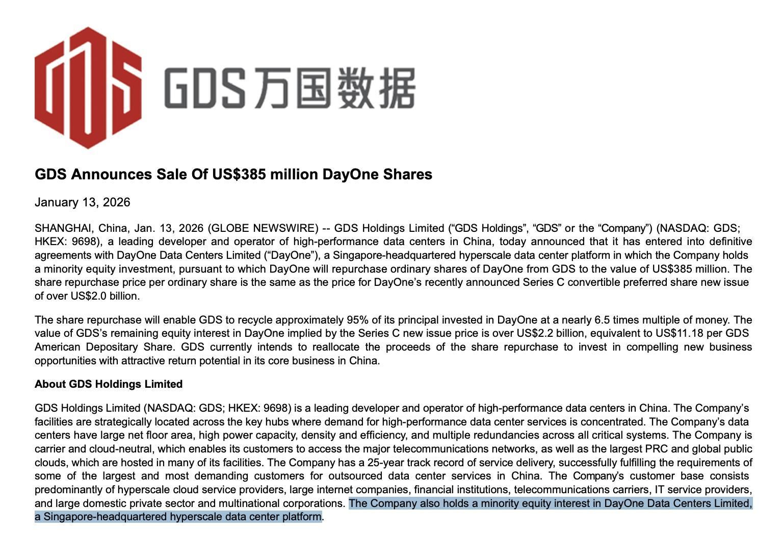 El comunicado del holding chino GDS sobre la venta de acciones de DayOne, la multinacional que hoy se reúne con Milei.