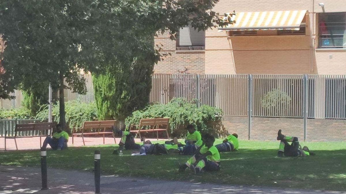 Trabajadores de la obra en la línea 6 descansan a la sombra de un árbol en un parque de la calle del Granito, cerca de Arganzuela-Planetario, durante el verano.