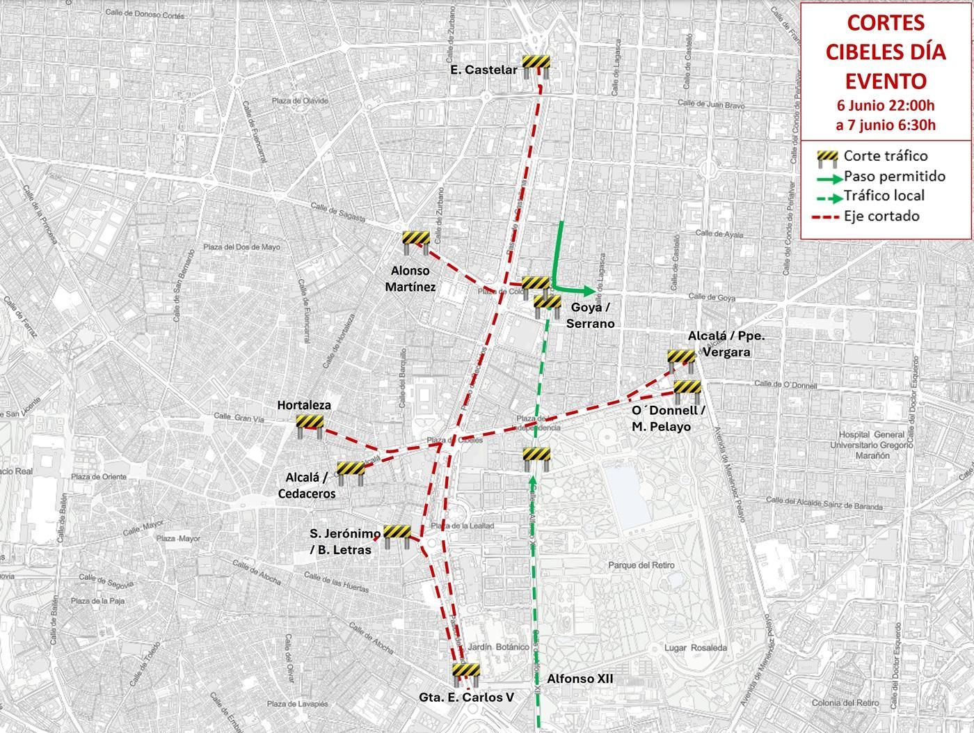 Cortes en Cibeles del 6 al 7 de junio