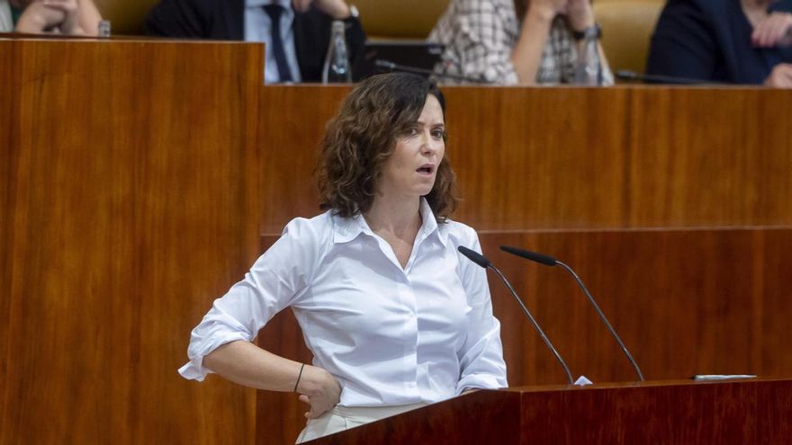 La presidenta de la Comunidad de Madrid, Isabel Díaz Ayuso, este viernes durante una intervención en la Asamblea.
