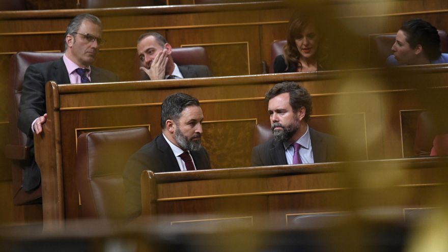 El líder de Vox, Santiago Abascal, y el portavoz de Vox en el Congreso de los Diputados, Iván Espinosa de los Monteros (d), en una sesión plenaria en el Congreso de los Diputados, a 23 de noviembre de 2022