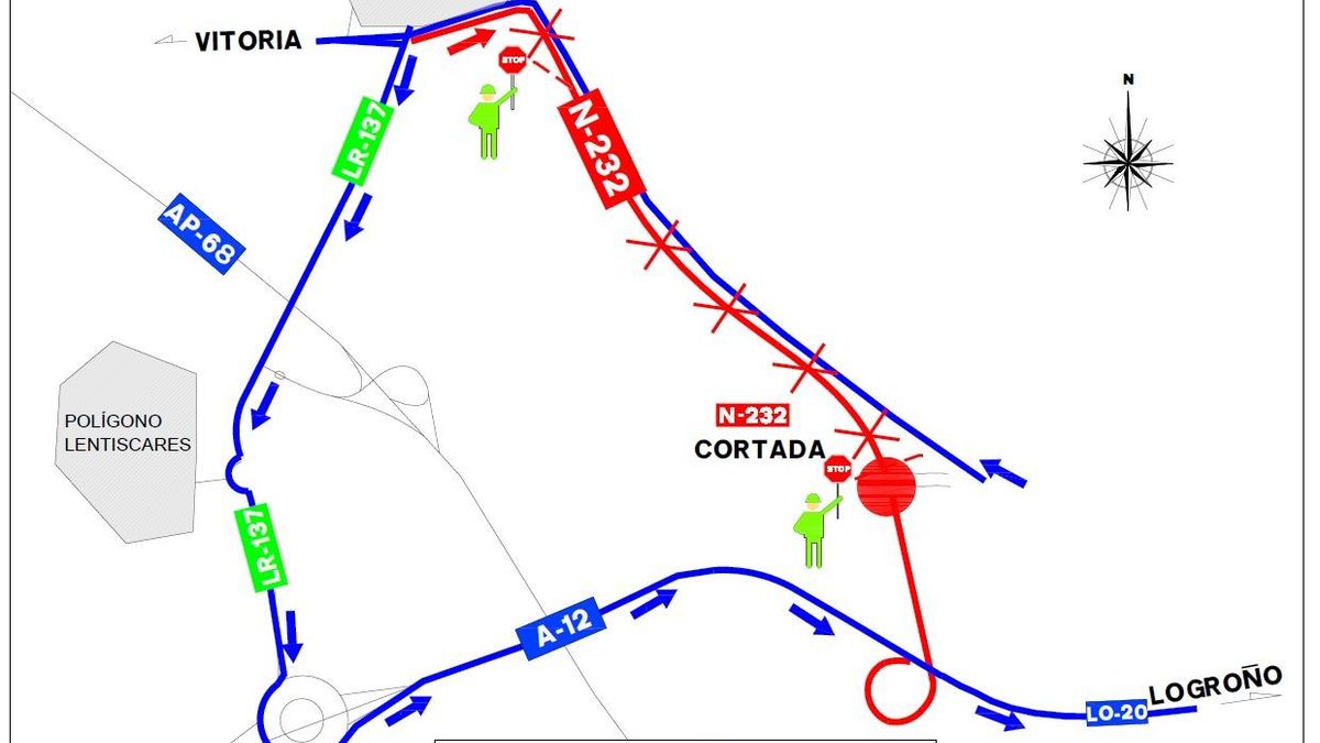 Mapa del corte de tráfico en la N-232 en La Rioja