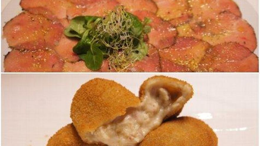 Carpaccio de potro marinado y croquetas de jamón de bodega.
