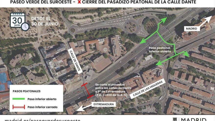 El Ayuntamiento de Madrid cierra este lunes el último paso peatonal bajo la A-5