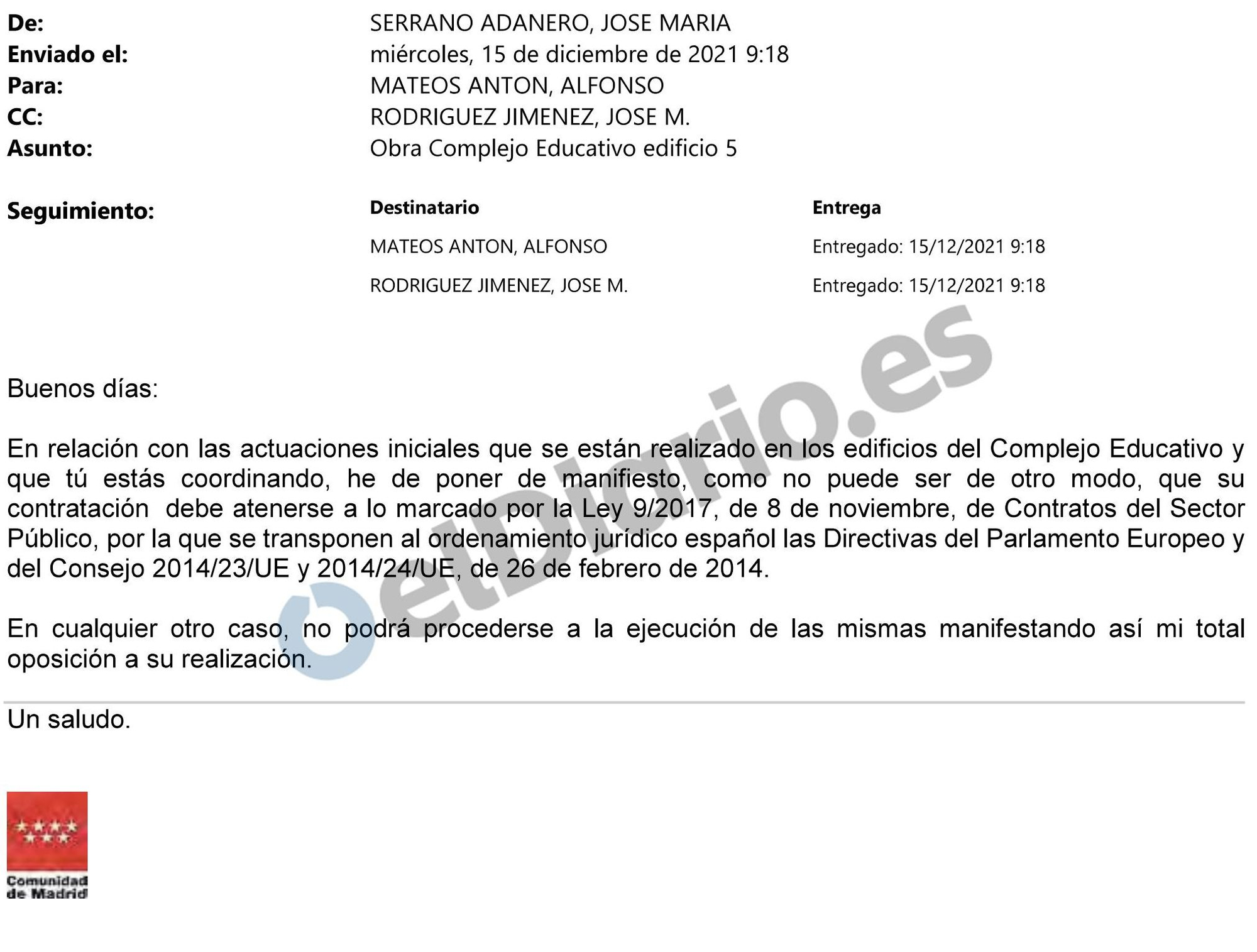 Correo en el que el subdirector de Educación Secundaria alerta al director general y a otro subdirector de que construir sin licitar es una ilegalidad