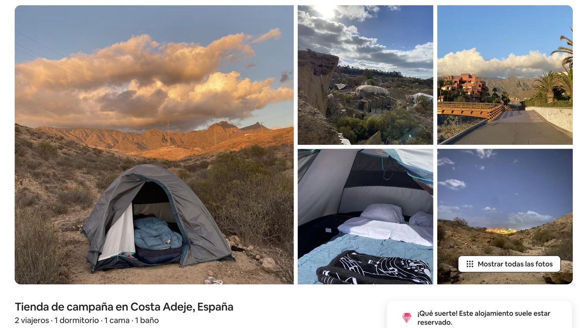 Anuncio de Airbnb para alquilar una tienda de campaña en el sur de Tenerife.