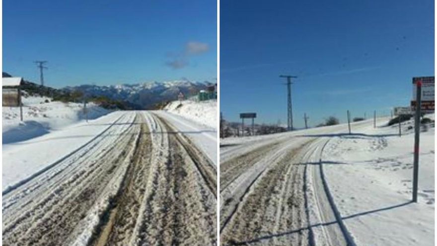 Vista de ambas vertientes del puerto de Aralla esta mañana, con evidencias de que las quitanieves no han pasado.