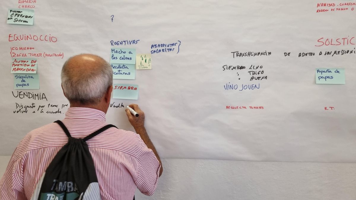 Un vecino escribe en un panel propuestas para elaborar el primer mapa sonoro que se elaborará en la isla.