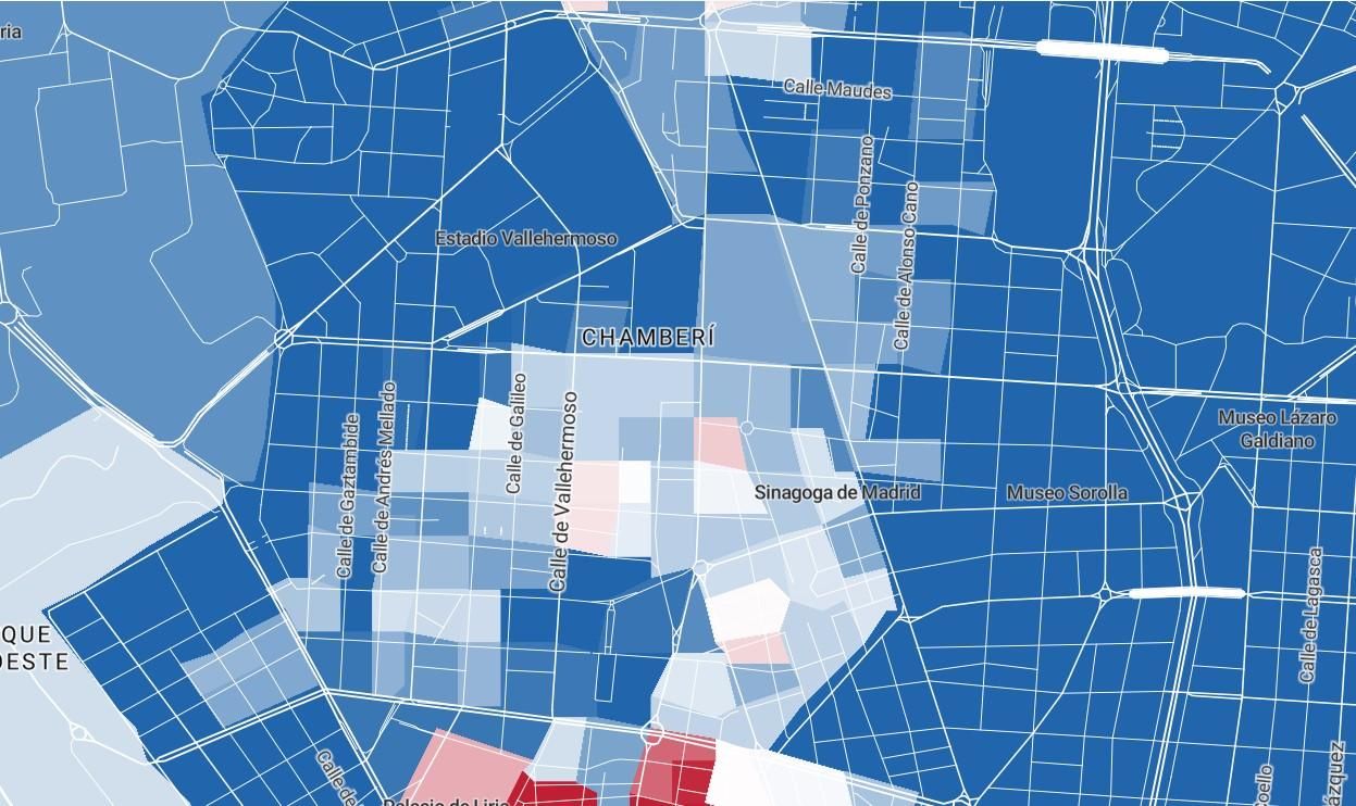 Distribución del voto en las elecciones del 10-N en Chamberí entre los bloques de izquierda y derecha