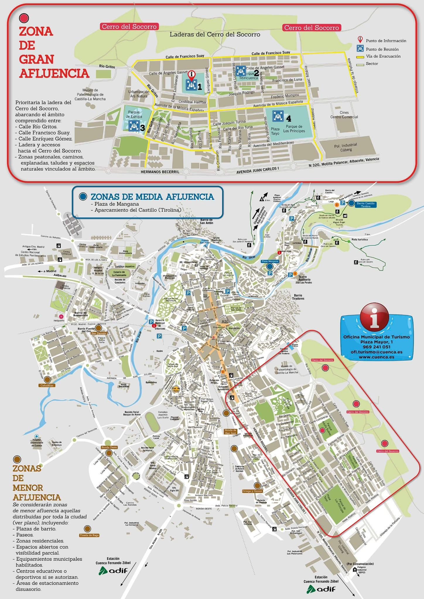 Mapa diseñado por el Ayuntamiento de Cuenca con las zonas de mayor y de menor afluencia prevista para observar el eclipse solar del 12 de agosto de 2026