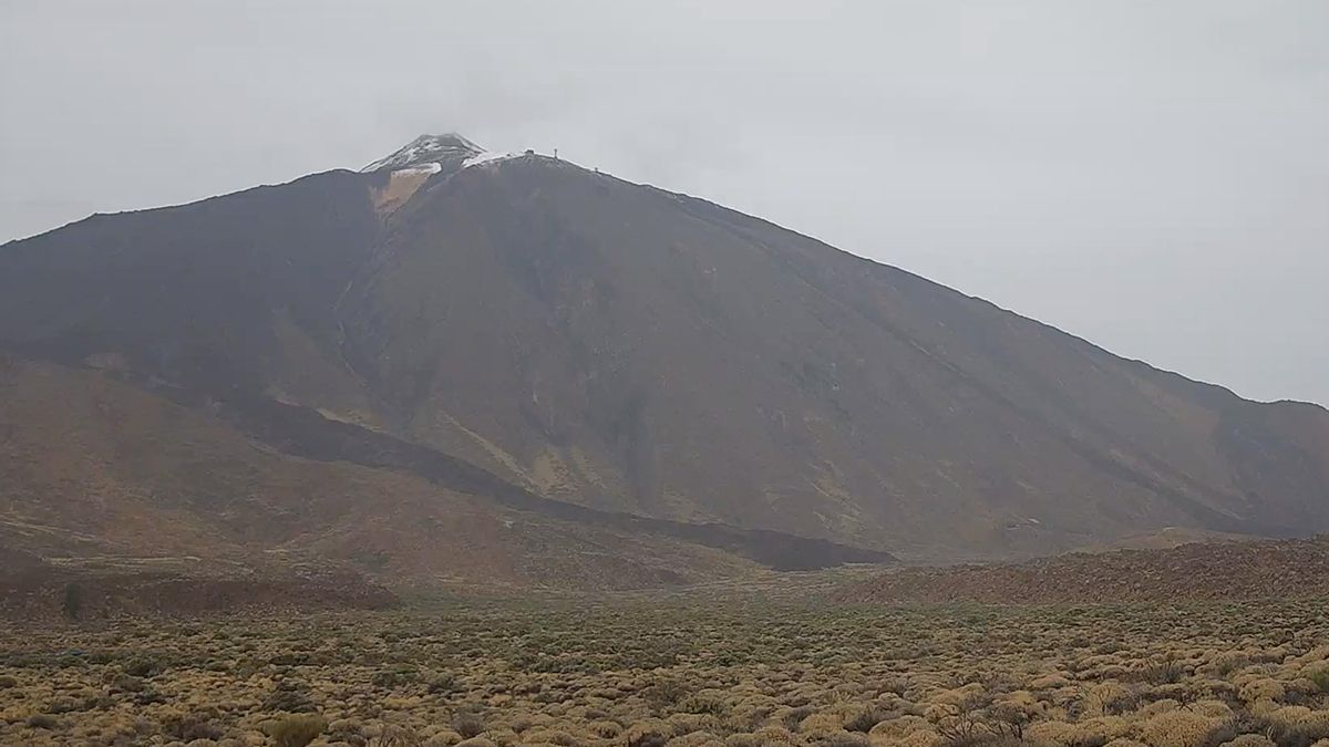 Nieve caída este martes en el Teide, vista desde la cámara del Parador Nacional de Las Cañadas.