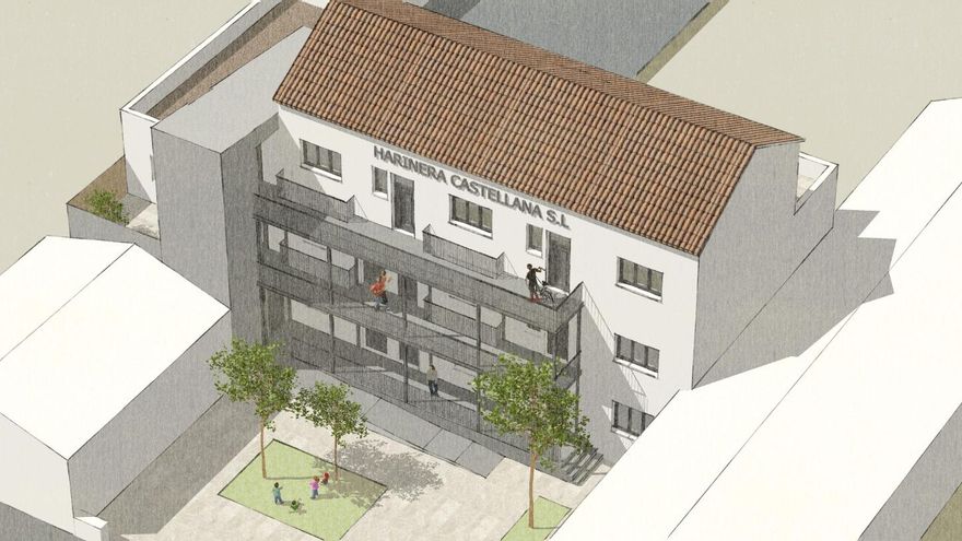 Render de las viviendas rehabilitadas en la antigua harinería de Paredes de Nava (Palencia).