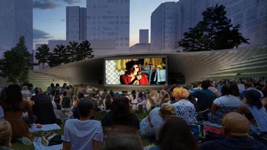 Recreación de un cine de verano en el auditorio propuesto para la zona central de AZCA