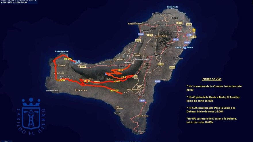 Carreteras afectadas por la borrasca Claudia en El Hierro.