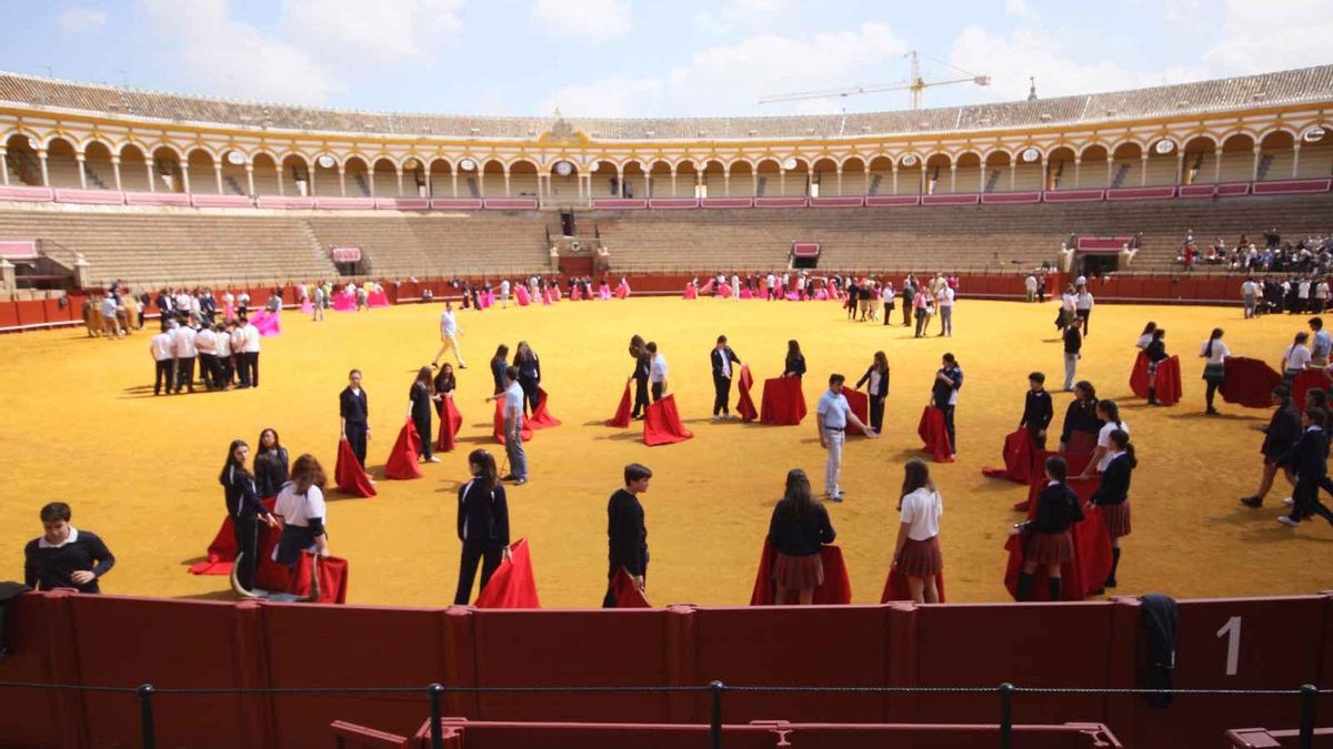 Una jornada de puertas abiertas en la Maestranza de Sevilla con alumnado de colegios.