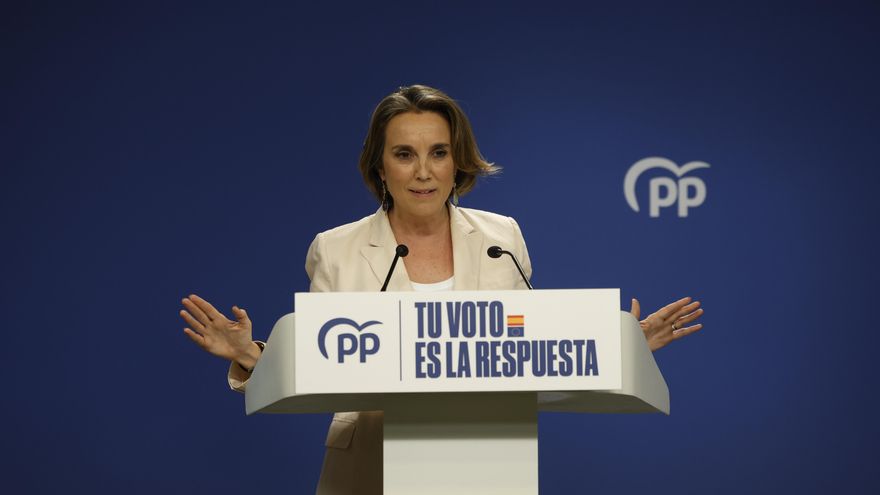 La secretaria general del Partido Popular, Cuca Gamarra, comparece en rueda de prensa para valorar los resultados electorales tras los comicios europeos, hoy domingo en la sede del PP, en Madrid. EFE/Juanjo Martín