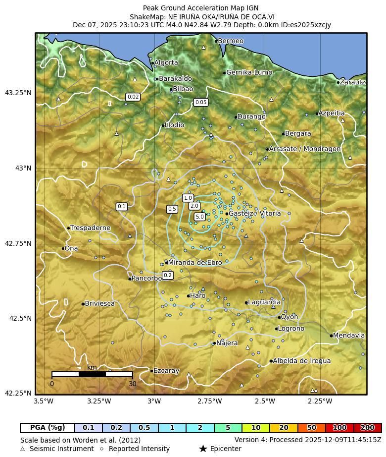 Figura 4. Pico de aceleración horizontal del suelo a las 00:10h del día 8 de diciembre de 2025 al oeste de Vitoria-Gasteiz. En el área epicentral de Iruña de Oca se superó el 5% (0,05g) de la aceleración de la gravedad