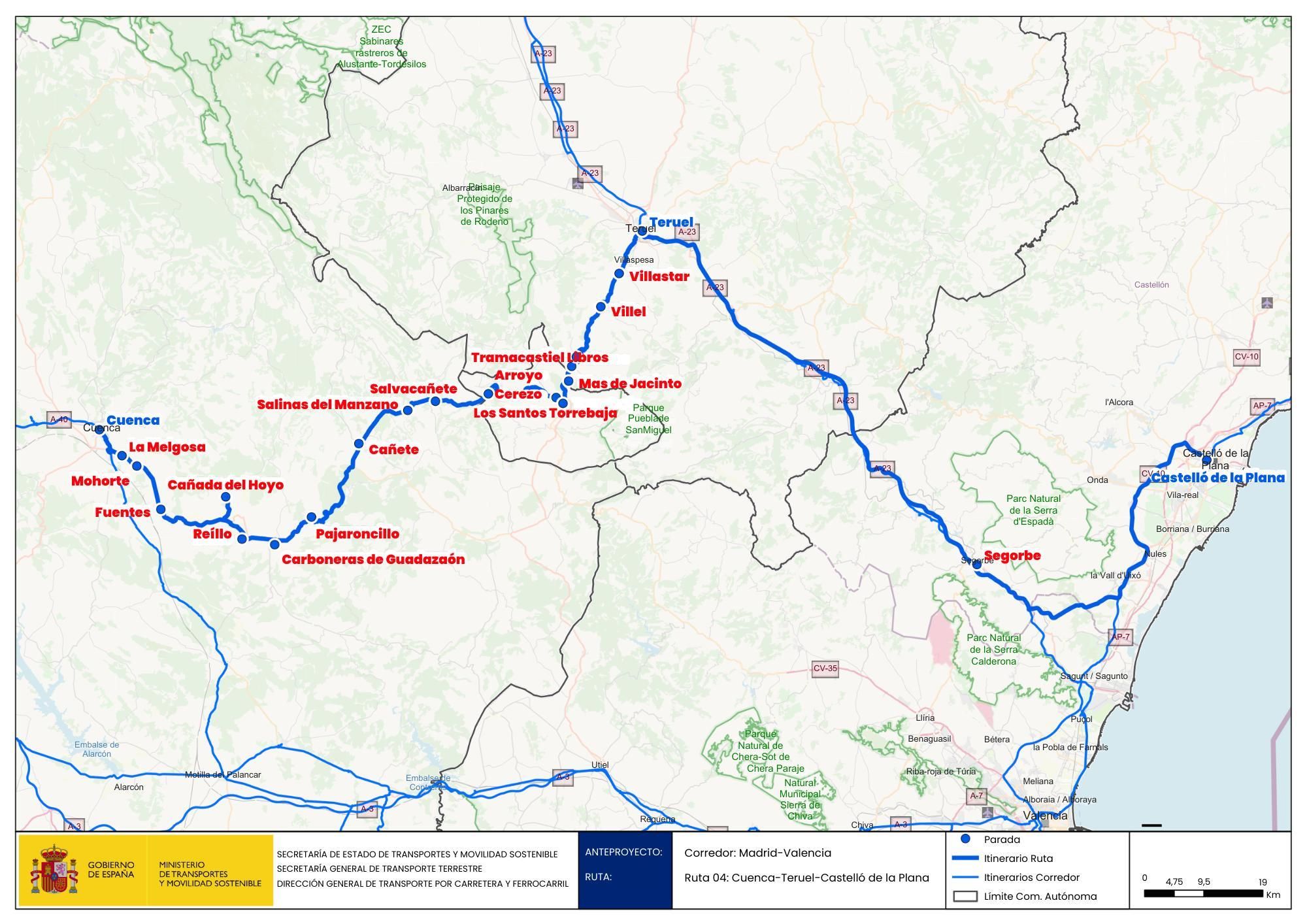Mapa del trayecto de autobuses estatales: el nuevo sistema a demanda indica las paradas en rojo donde no parará salvo que el usuario lo pida