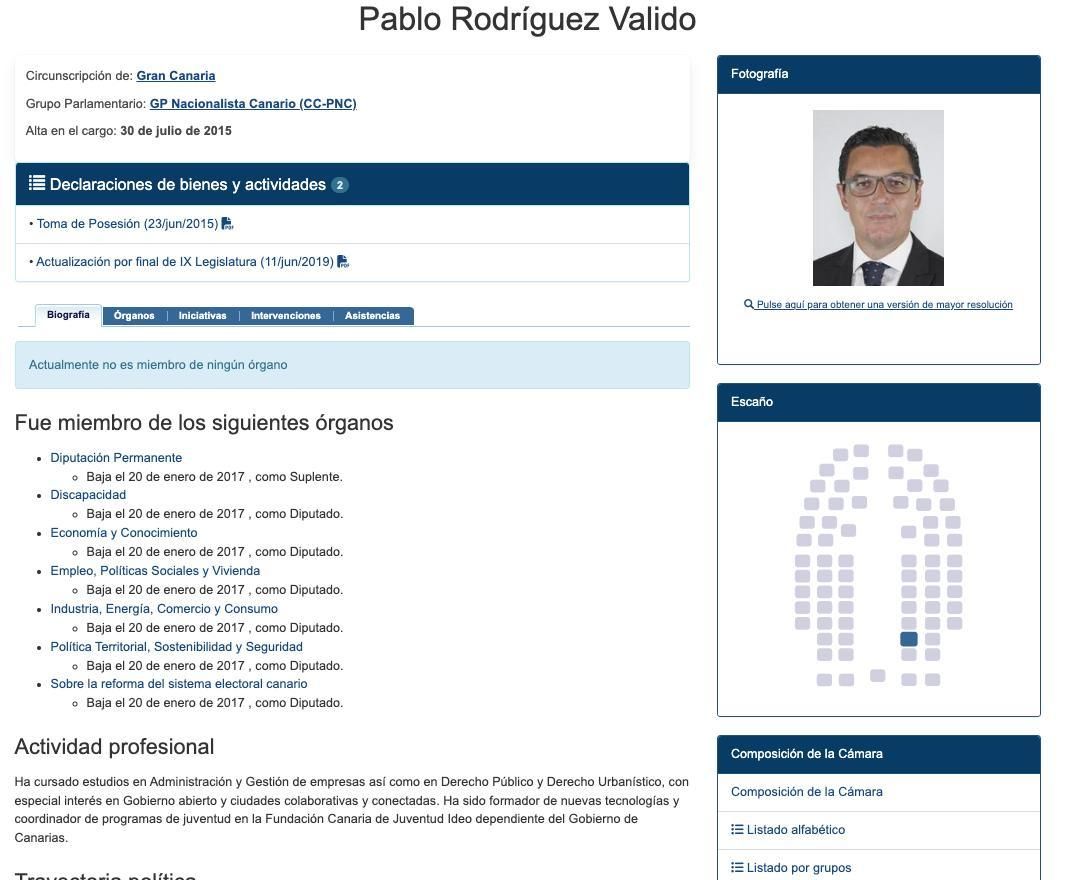 La biografía de Pablo Rodríguez ante el Parlamento en 2015. Ninguna mención a la carrera de Derecho.