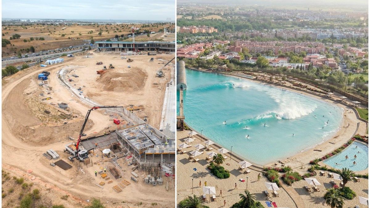 Las obras en los terrenos junto al estadio del Atlético de Madrid y una recreación de la piscina de olas cuando esté en funcionamiento.