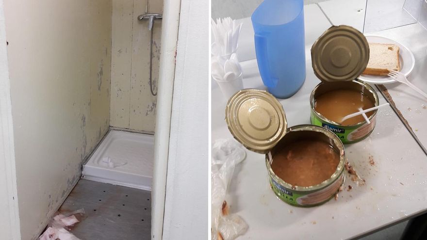 Interiores del Centro Alternativo Villa de Vallecas. A la izquierda: el estado de las duchas. A la derecha: la comida repartida a los usuarios.