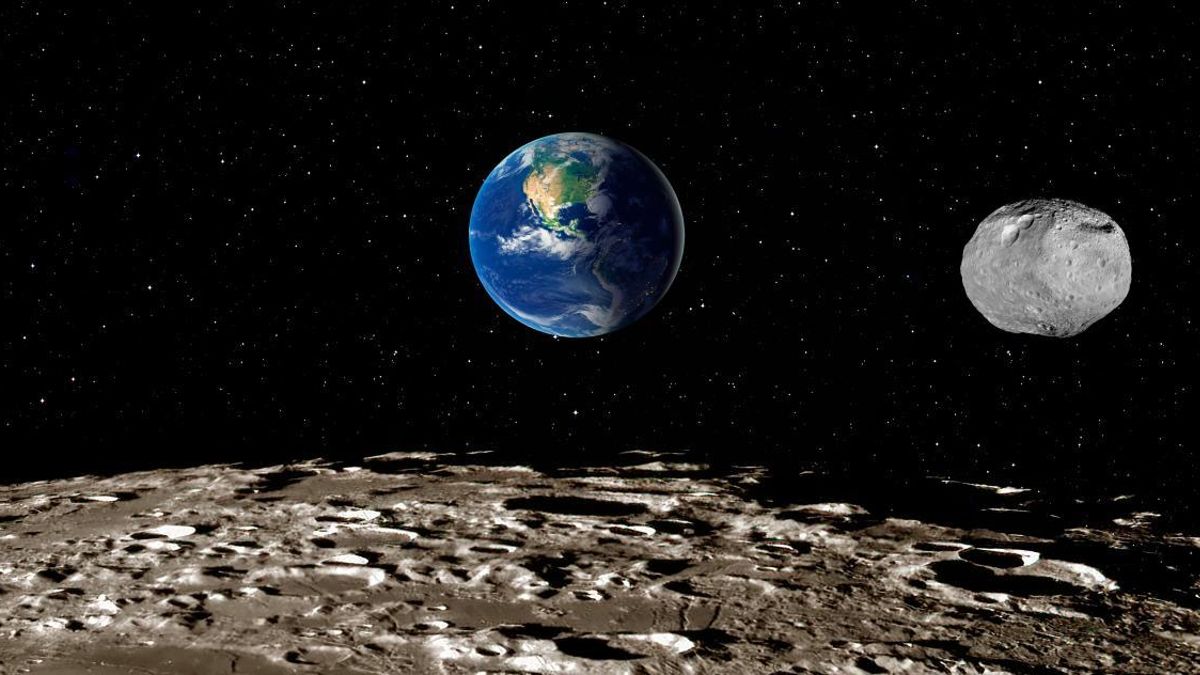 Recreación de la Luna, la tierra y un asteroide.