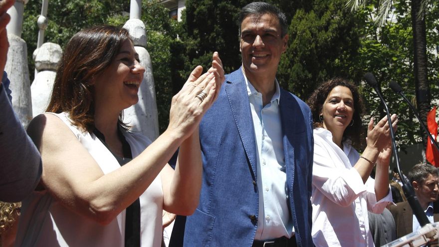 El Secretario General del PSOE y presidente del Gobierno de España, Pedro Sánchez, junto a la Secretaria General del PSIB y candidata a revalidar la presidencia del Govern, Francina Armengol