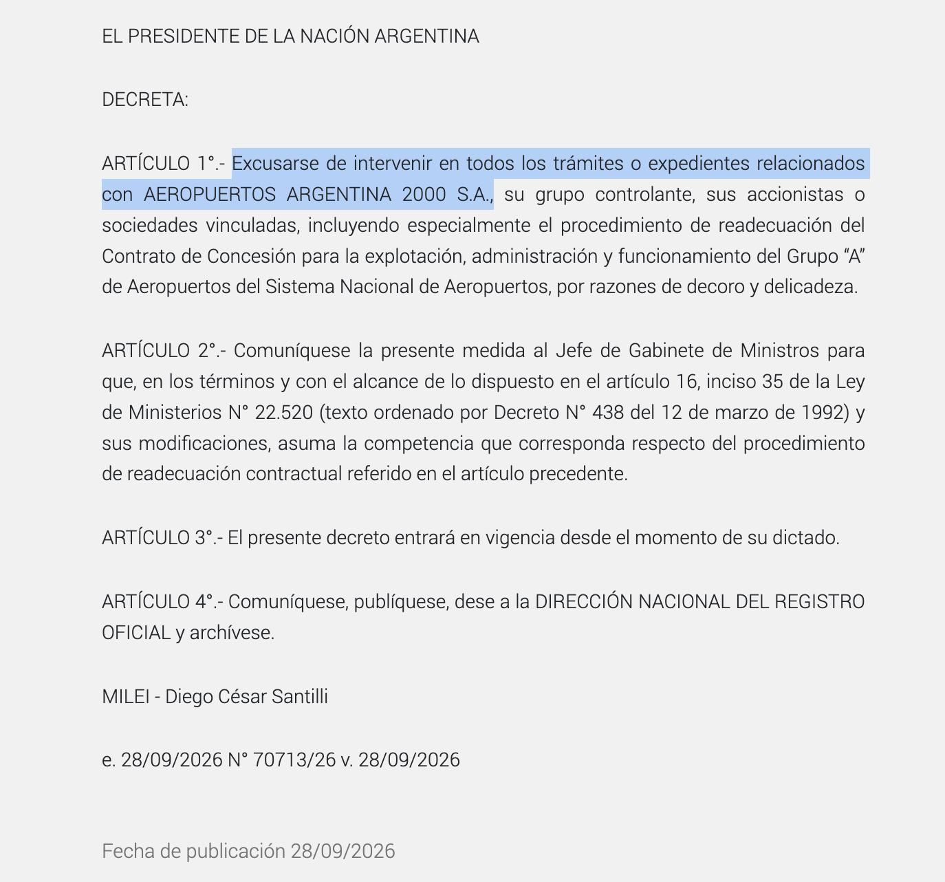 La excusa de Milei para firmar la extensión del contrato de los aeropuertos en favor de Eurnekian.