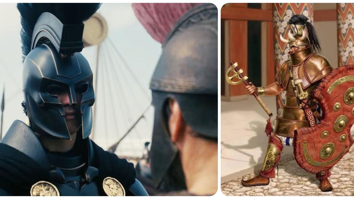 El Agamenón de Nolan, que parece 'Batman', y una reproducción rigurosa de un guerrero micénico de la Edad del Bronce.
