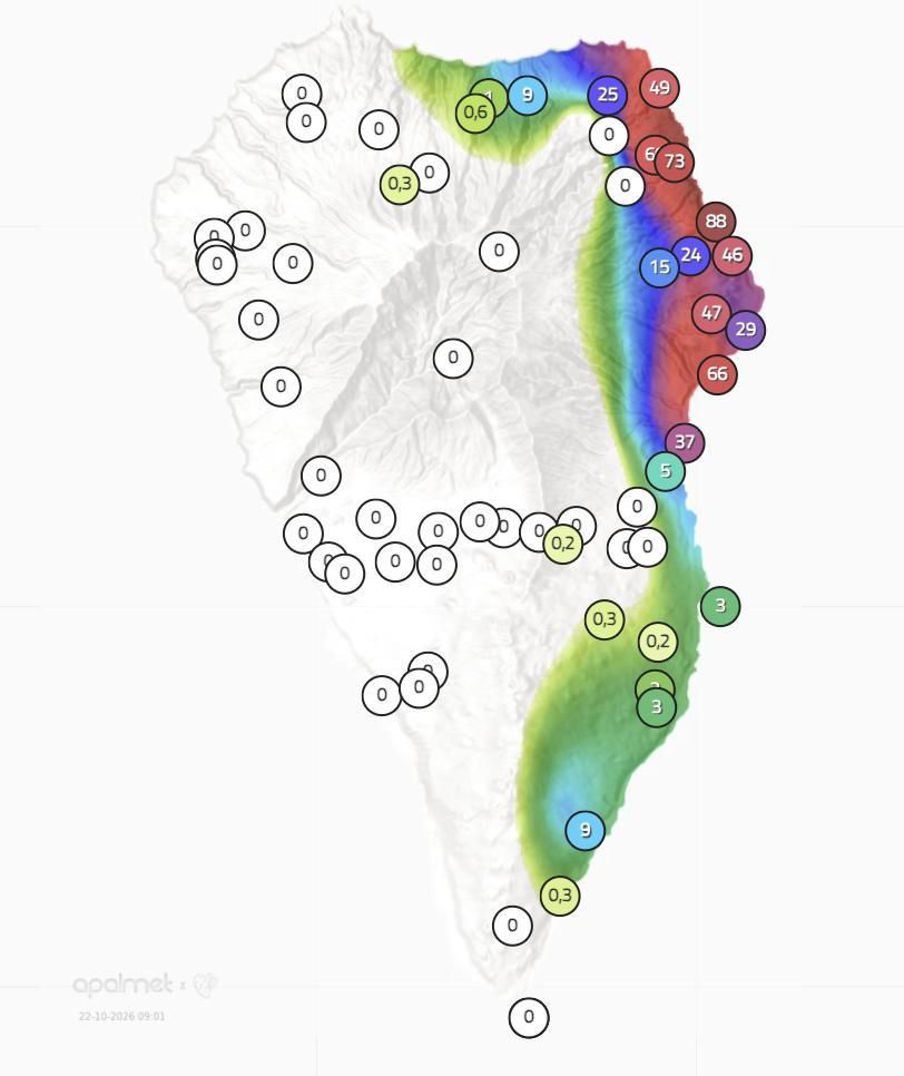 Mapa de Apalmet de la lluvia registrada en diversos puntos de La Palma hasta las 09.01 horas de este jueves, 22 de octubre.