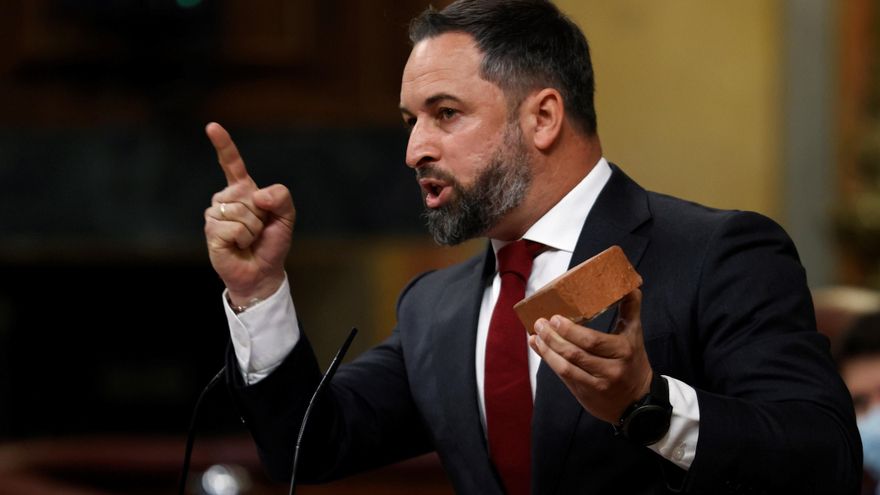 Abascal exhibe un adoquín en el Congreso para mostrar la violencia contra Vox