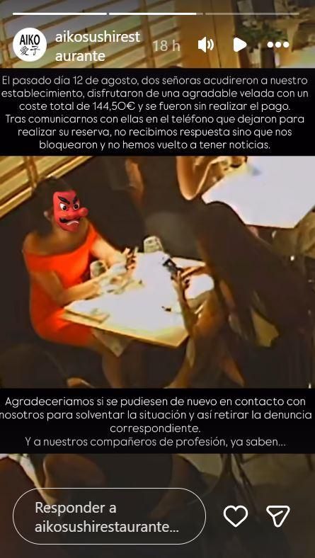 Historia de Instagram de las dos presuntas responsables del 'simpa' en un restaurante de Santa Cruz de Tenerife.