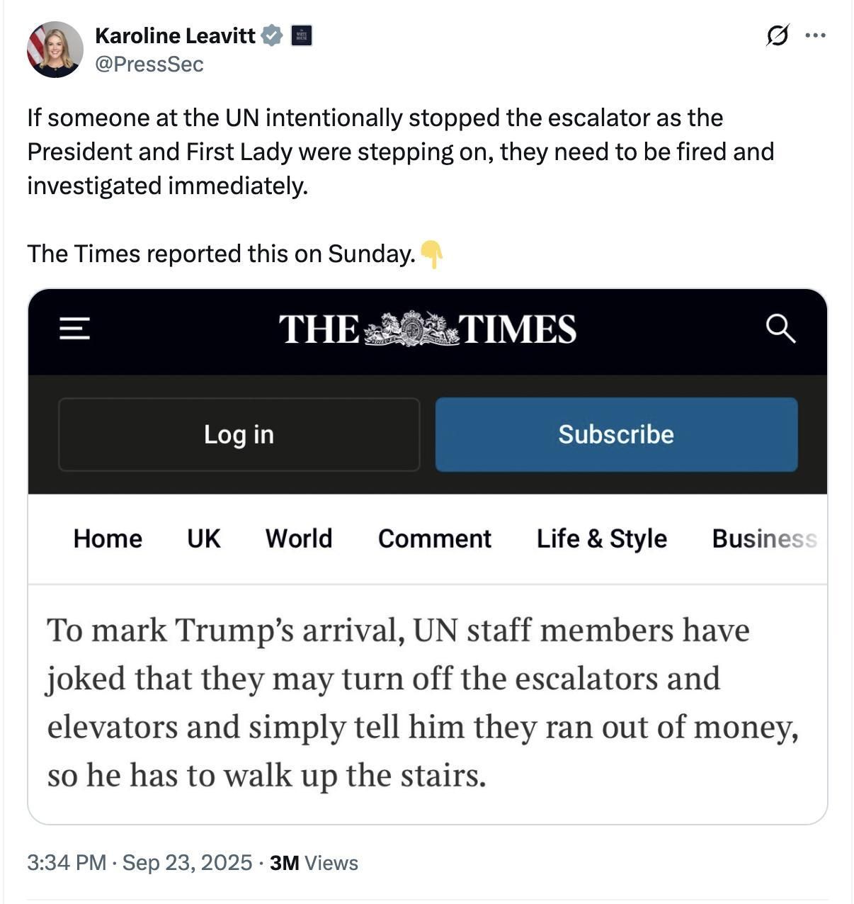 Tuit de Karoline Leavitt sobre la escalera de la ONU.