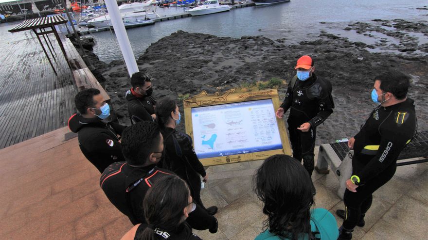 Panel informativo ubicado en El Hierro sobre el tiburón solrayo