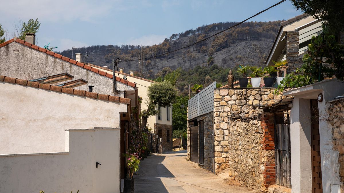 Vista del pueblo con el terreno quemado por el incendio forestal al fondo, a 23 de julio de 2026, en La Mierla, Guadalajara, Castilla-La Mancha (España).