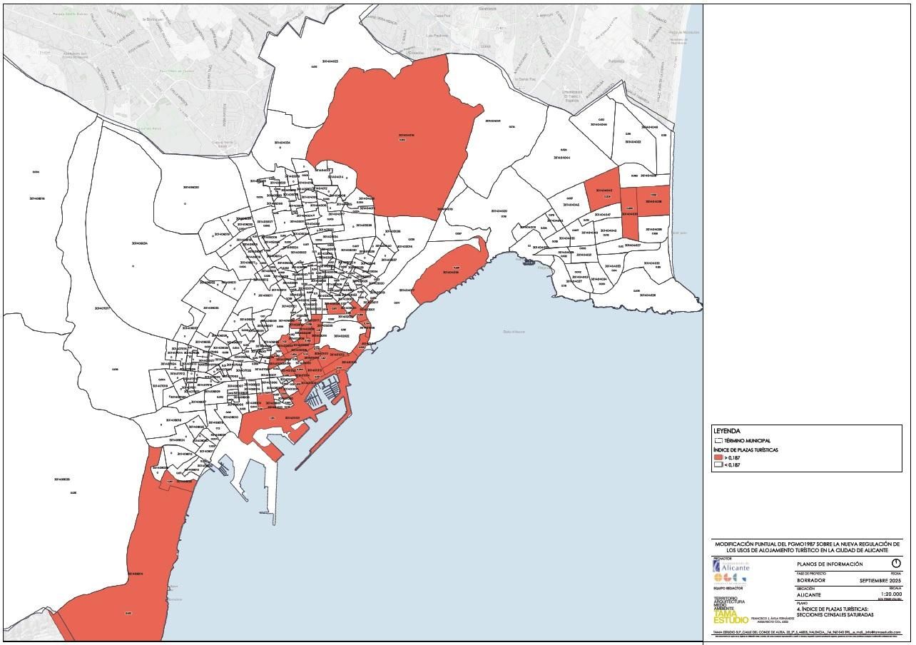 Plano de Alicante de zonas saturadas de plazas turísticas.