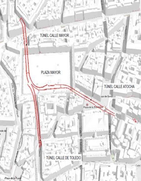 Trazado del túnel que circula bajo la Plaza Mayor de Madrid