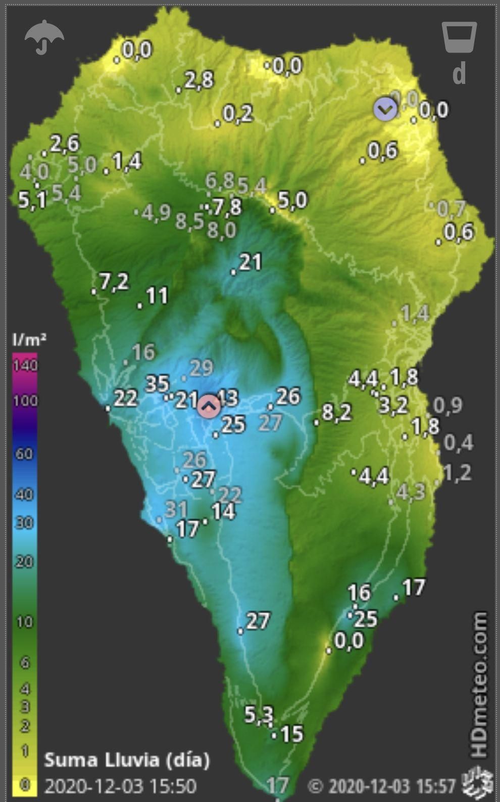 Mapa de HD Meteo La Palma de la lluvia caída, hasta la 15.50 horas de este jueves, 3 de diciembre, en La Palma.