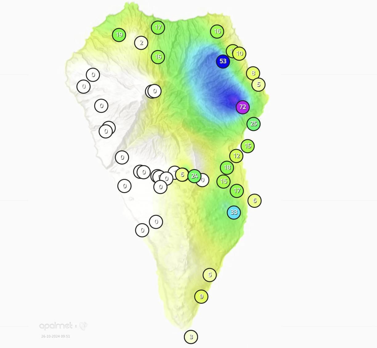 Mapa de Apalmet de la lluvia registrada en  diversos puntos de La Palma este sábado, 26 de octubre, hasta las 09.30 horas.