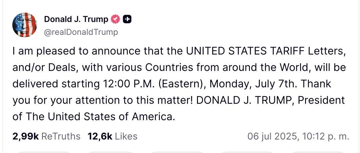 Truth Social sobre aranceles de Donald Trump.