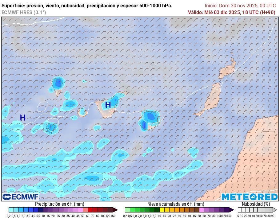 Mapa de la previsión de lluvia para las 18.00 horas del miércoles 3 de diciembre, según el modelo europeo.