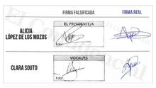 Las firmas reales y falsificadas. Imagen de El Confidencial.