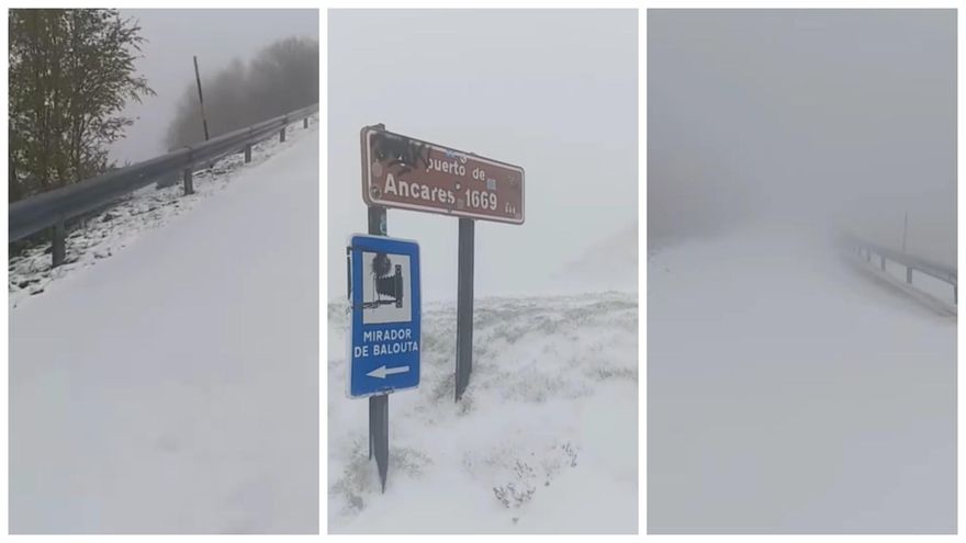 Una fuerte nevada deja totalmente en blanco el puerto de Ancares, en la comarca de El Bierzo