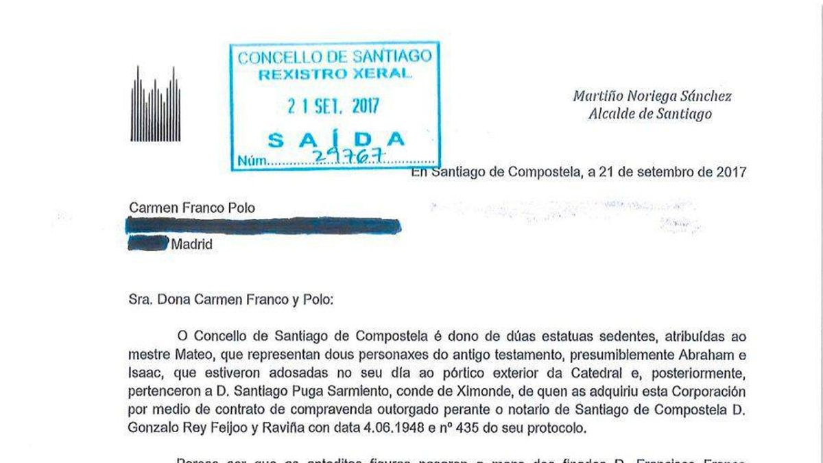 Escrito enviado por el Ayuntamiento de Santiago a los Franco para solicitar la devolución de las esculturas, antes de iniciar la vía judicial
