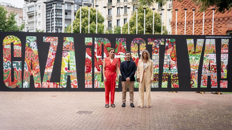 Los ministros Yolanda Díaz, Pablo Bustinduy y Mónica García en el acto ‘Alianzas y acciones ante el genocidio en Palestina’