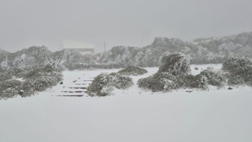 Un manto de nieve cubre este jueves en el entorno del Observatorio del Roque de Los Muchachos, en las  cumbres de la Villa de Garafía.