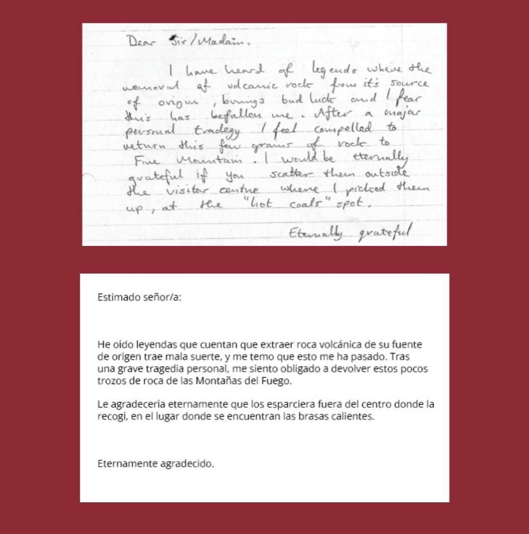La carta enviada por un turista alemán al Parque Nacional de Timanfaya