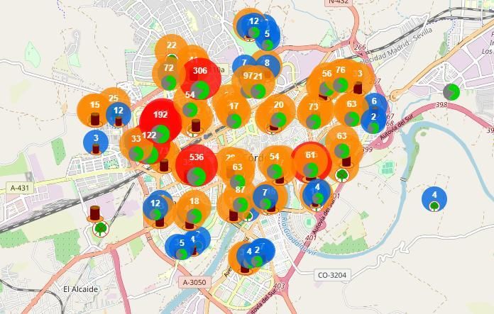 Ecomapeo en Córdoba identificando alcorques vacíos, con tocones o 'asfixiantes' para los árboles, en una imagen de este domingo 4 de octubre a las 11:00.