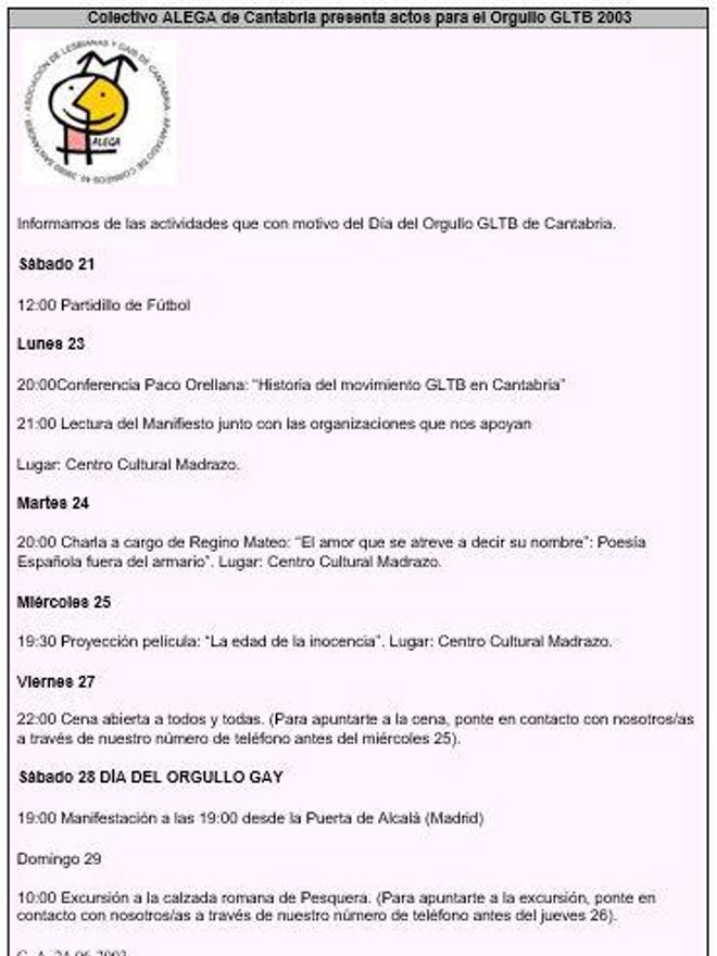 Cuadro de actividades de Alega-Día del Orgullo Gay 2003. Conferencia de Paco Orellana.